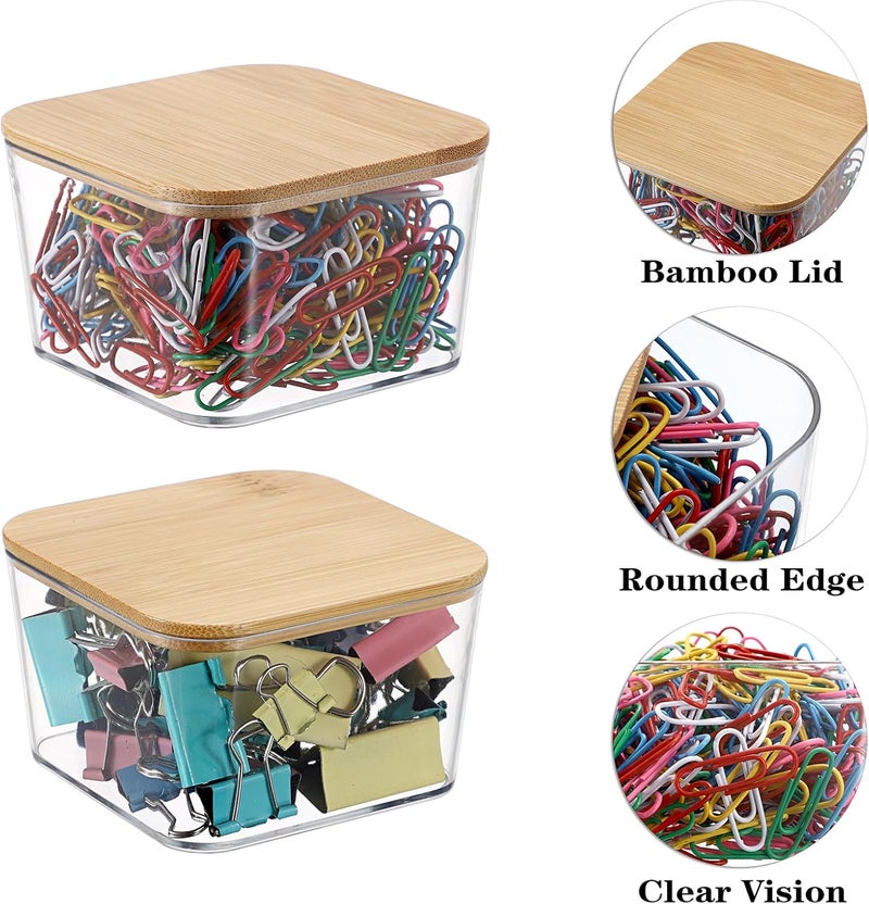 BTSKY 4 Pack Clear Stackable Paper Clip Holder with Bamboo Lid Paperclip Box Plastic Cute Office Supply Accessory Organizer Square Small Storage Holder Cute Qtip Holder for Office Bathroom Vanity - Image 4
